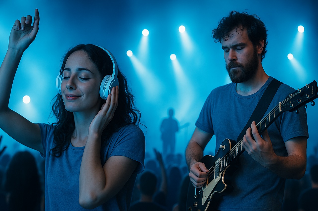 Pessoas curtindo música com fones de ouvido e violão
